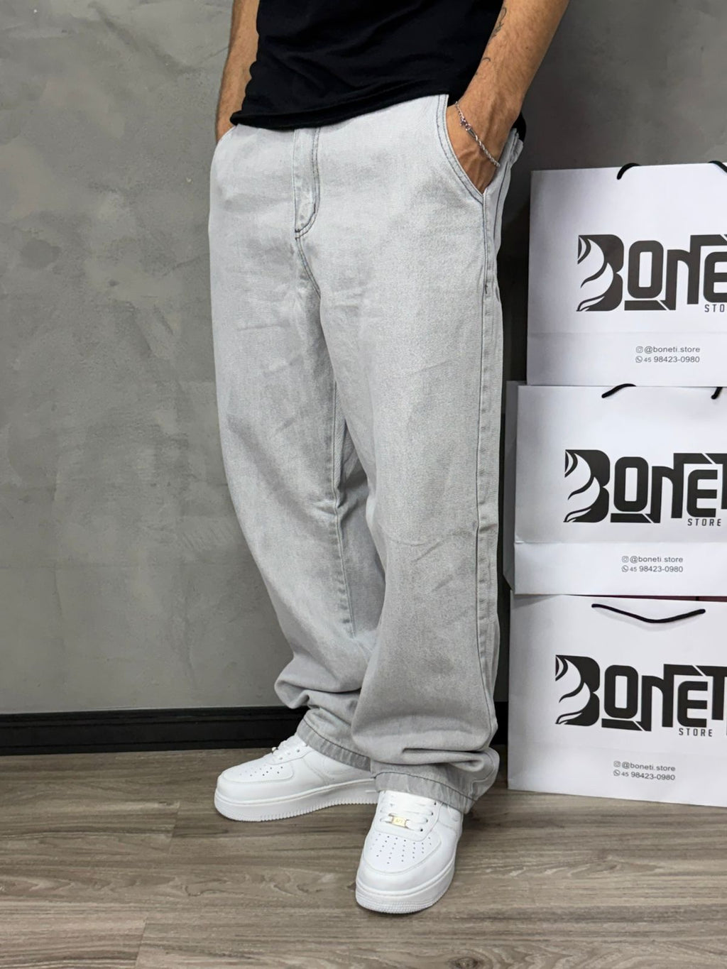 CALÇA JEANS RETA CINZA BS